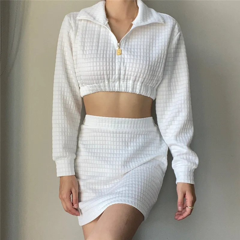 

2021 Autumn Fashion Solid Color Half Cardigan Zipper Stand Collar Long Sleeve Top High Waist Half Skirt Short Skirt Suit Women