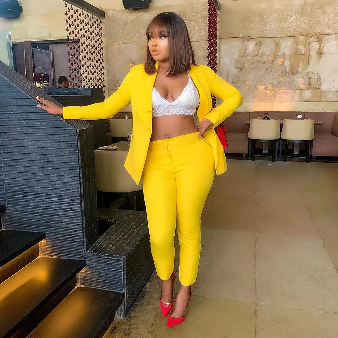 

Autumn Winter Solid Yellow Long Sleeve Elegant Blazer Suit Business Classic Blazer Pants Set Two Piece OL Office Formal Suits