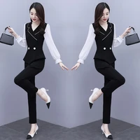 new style lady work wear professional shirt and pants 2 piece sets patchwork single breasted notched elastic waist suits