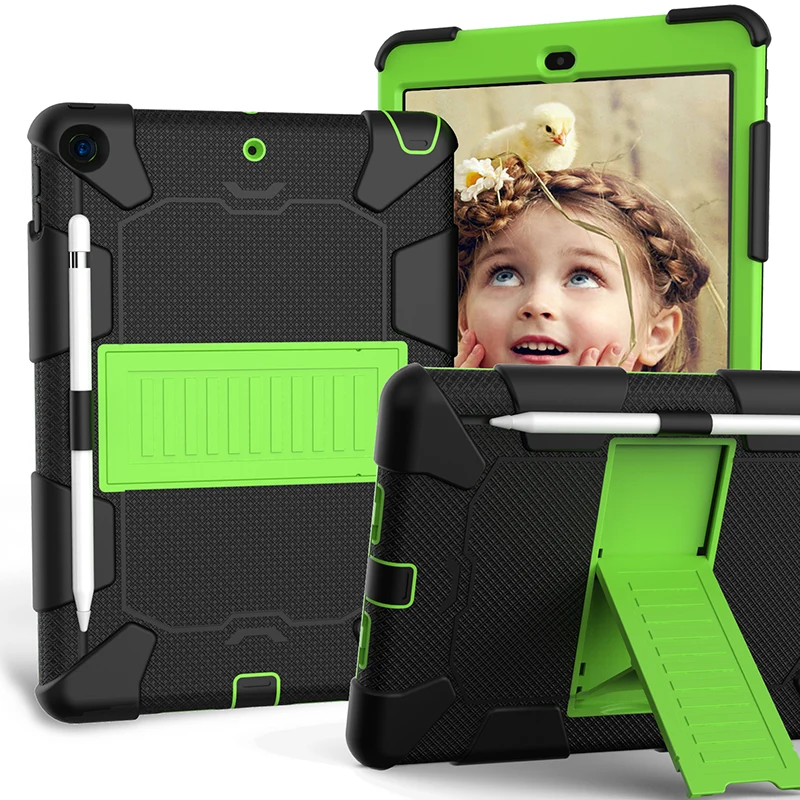black green Прочный силиконовый чехол с подставкой и карандашом для iPad 10,2 7-го поколения, противоударный защитный чехол+ ручка - Цвет: black green