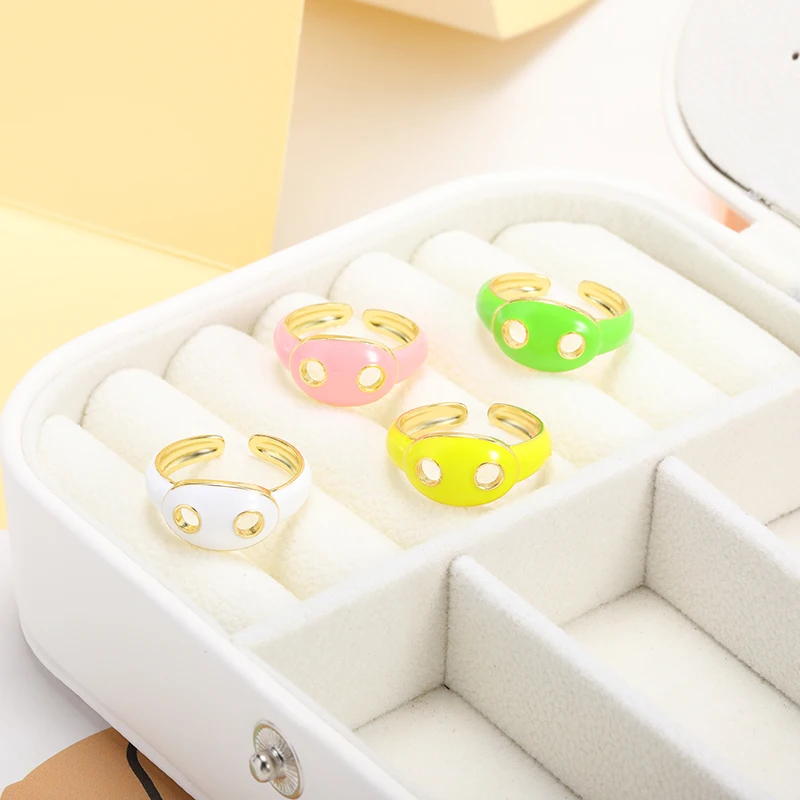 

Cute Pig Nose Enamel Band Rainbow Ring Fashion Adjustable Neon Enameled Dripping Oil Ring Party Accessories Jewelry BFF