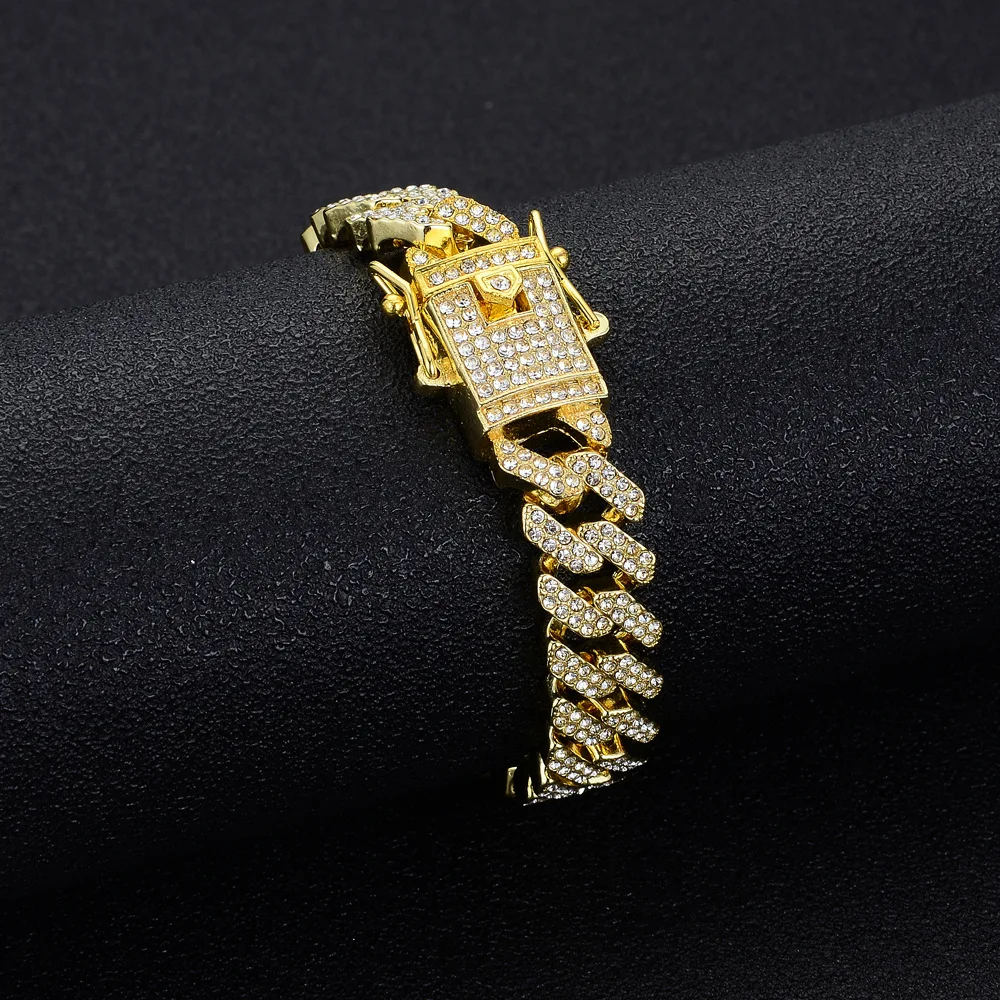 

12mm Iced Miami Cuban Link Chain Anklet Bracelet Gold Silver Color Rhinestone Cz Lobster Clasp For Men Women Hip Hop Jewelry
