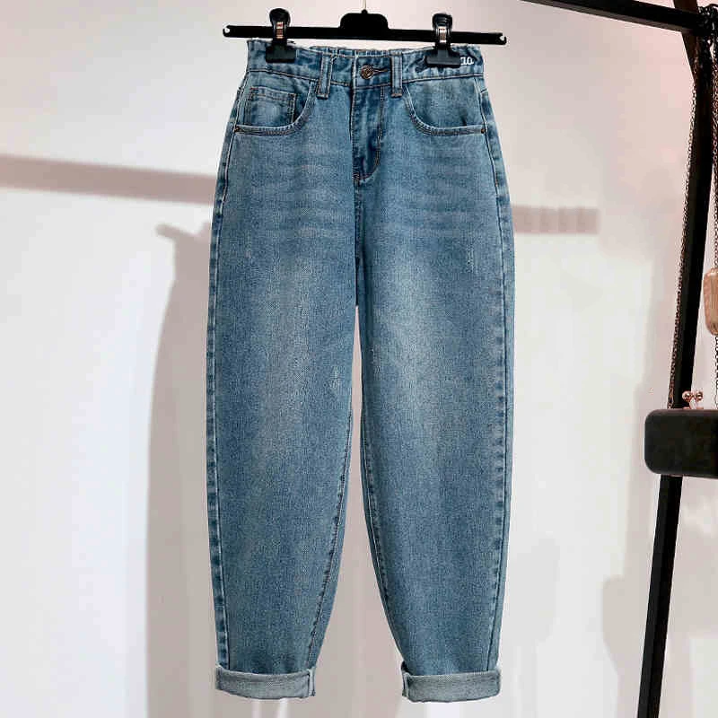 

Autumn Winter Embroidered Jeans For Women High Waist Plus Size Loose Nine Length Mom Jeans Retro Blue Harem Denim Pants Female
