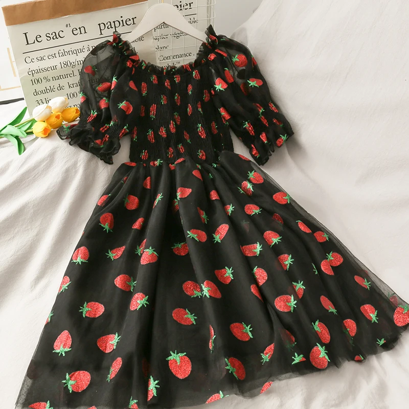 

Sequins Strawberry Dress Women Printed High Waist Mid-length Mesh Woman Elegant Party Dress Puff Sleeve Princess Women Dress