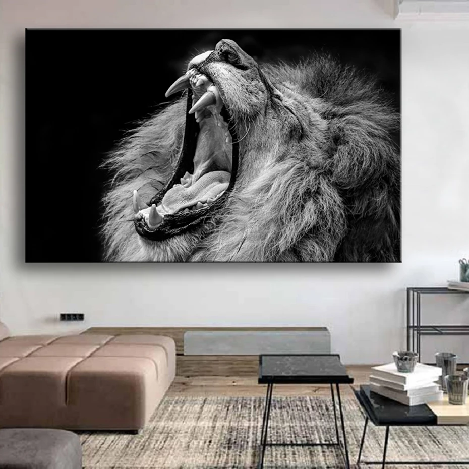 

Black White Africa Wild Animals Roaring Lion Canvas Paintings Posters And Prints Wall Pictures Living Room Home Decoration