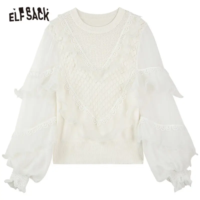 

ELFSACK Solid Pure Contrast Lace Women Knit Pullovers Sweater,2021 Spring Vintage Lantern Sleeve,Casual Female Daily Vintage Top