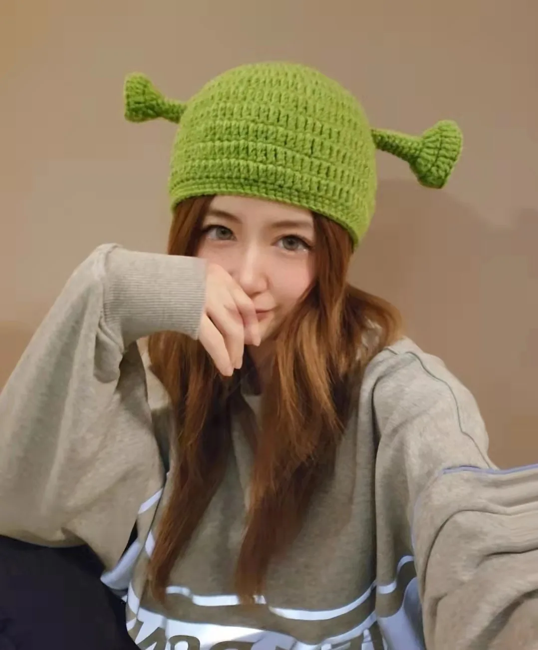 

Net Celebrity Same Shrek Green Knitted Hat Funny Cartoon Gift Creative Handmade Breathable Warmth Age-reducing Woolen Headgear