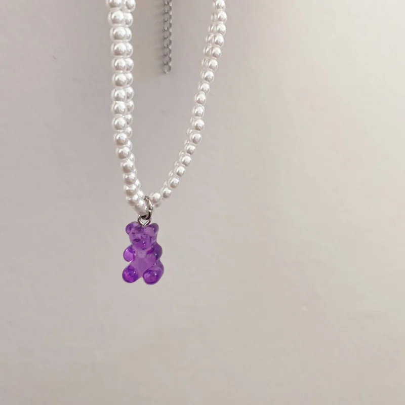 

Lovely Candy Color Resin Cute Animal Bear Pendant Necklaces for Women Girlfriend Gift Fashion Jewelry Elegant Pearl Chain Choker