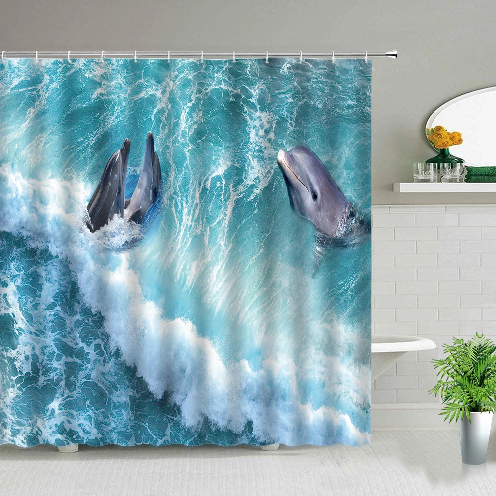 

Dolphin Printing Shower Curtain Beach Palm Tree Ocean Ferry Scenery Bathroom Curtains Waterproof Fabric Bathtub Decor With Hooks