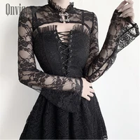 qnvigo lace crop top trumpet long sleeve black stand up collar v inner blouse palace tight fitting sexy mesh shoulder top