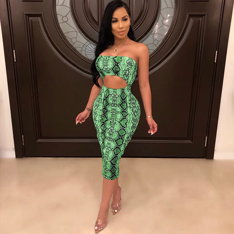 Летнее Сексуальное Женское Платье со змеиным принтом и открытыми плечами