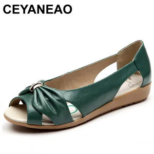 Женские босоножки из натуральной кожи CEYANEAO, летние дышащие босоножки, с вырезами, на плоской подошве, с открытым носком, на плоской подошве