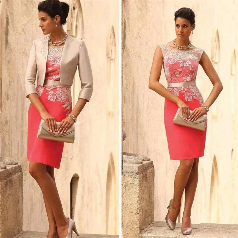 

2021 Latest Arrival Short Two Pieces Mother of the Bride Dresses Coral Jewel Neck Wedding Party Dresses Lace with Jacket On Sale