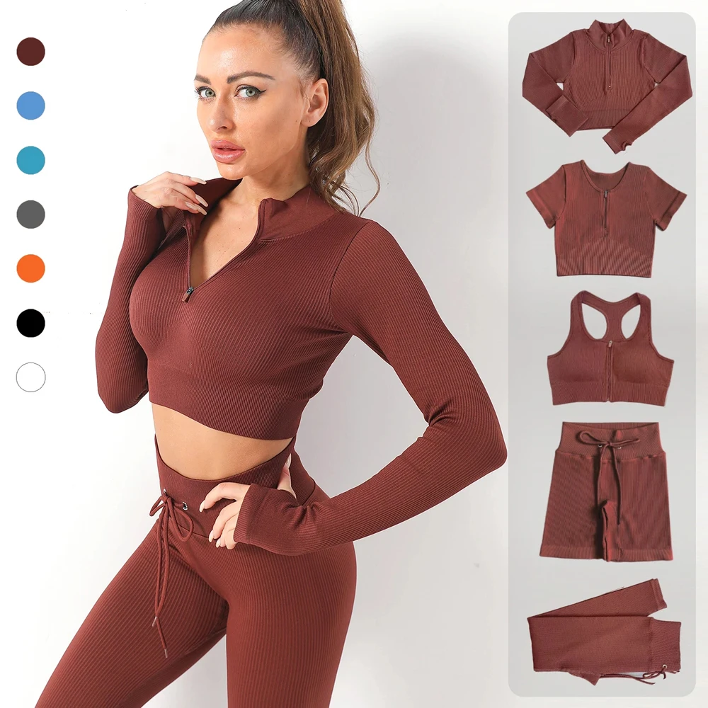 

2/3/5Pcs Workout Outfits for Women Yoga Set Zipper Seamless Sport Suits Drawstring Leggings Gym Clothing Fitness Sportswear