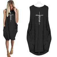 pocket loose sleeveless women dress jesus faith letters print dresses beach vestidos women 5xl dropshipping