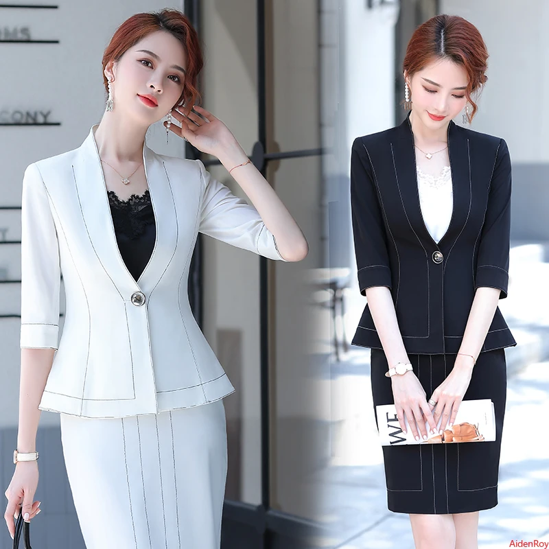 Elegant Women's Skirt Suit Set 2020 Autumn and Winter New Casual High Quality Ladies White Slim Blazer Jacket Skirt 2 piece Set