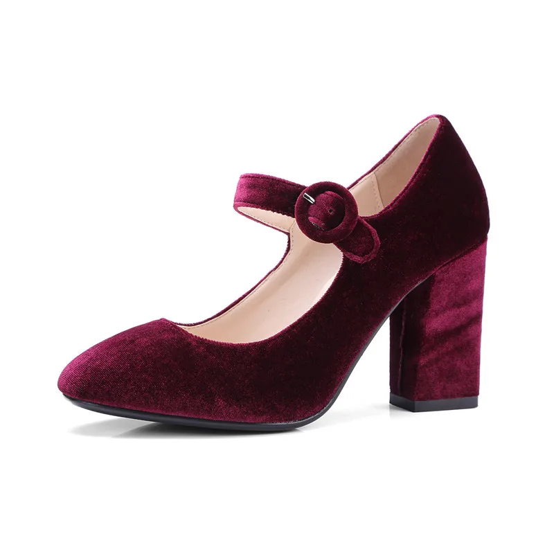 

Velvet High Heels Shoes Women Pumps Ladies Mary Jane Shoes Buckle Strap Block Heel Dress Office Shoes Fashion Footwear Big Size