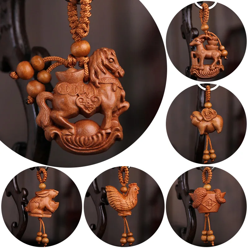 Chinese Peach Wood Zodiac Keychain Three-dimensional Carved Monkey Sheep Snake Dragon Tiger Exquisite Keyring Gift Pendant | Украшения и