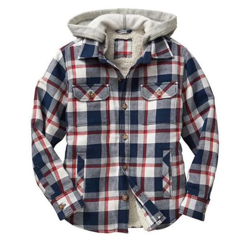 

Autumn Winter New Men Plaid Printed Jacket Coats Men Casual Thickened Hooded Outdoor Fake Two-Piece Men Top Fashion Clothes
