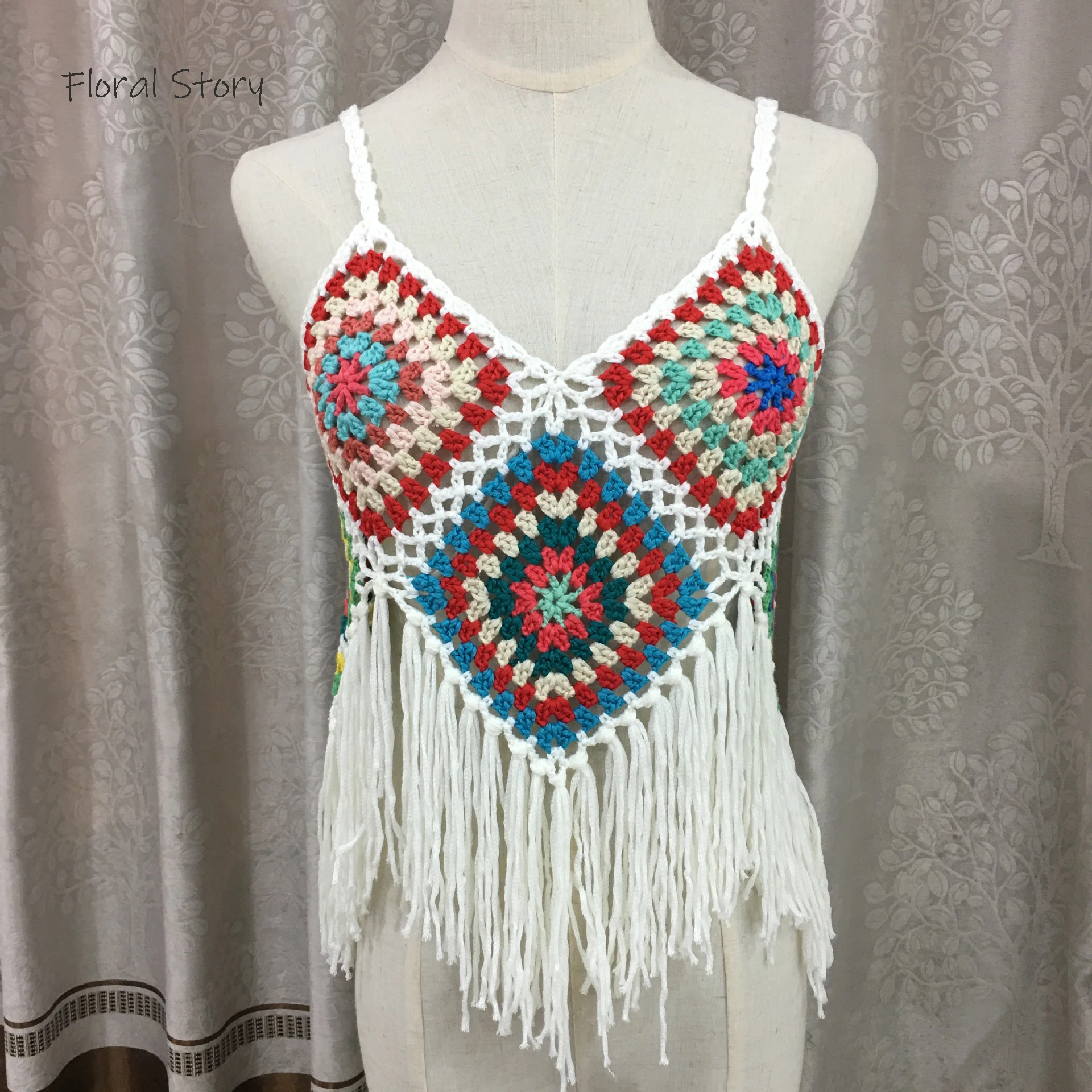 

FLORAL STORY Hand Crochet Tassel Top 2021 Sexy Multi Color Beachwear Woman New Fashion Hot Selling Spaghetti Tops Lady Tank tops