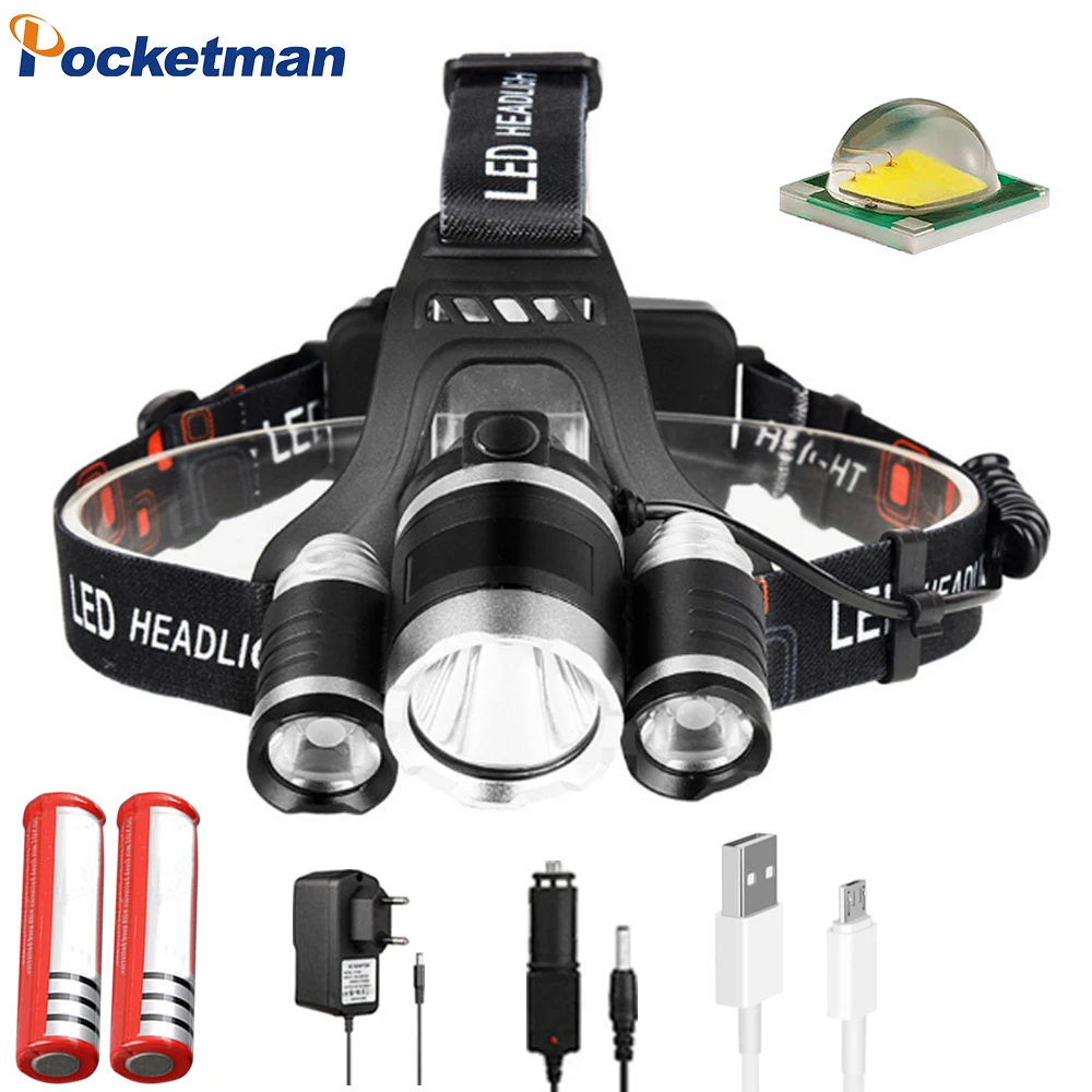 

EZK20 Dropshipping Headlamp Flashlight Rechargeable 3 T6 R5 LED Hard Hat Headlight Battery Car Wall Charger for Camping