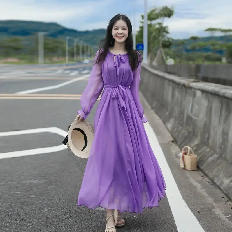 

2021 Women Spring Summer Vintage Sweet Dress Ladies Solid O-neck Lace Up A-line Pelated Vestido Female Casual Loose Dresses H544