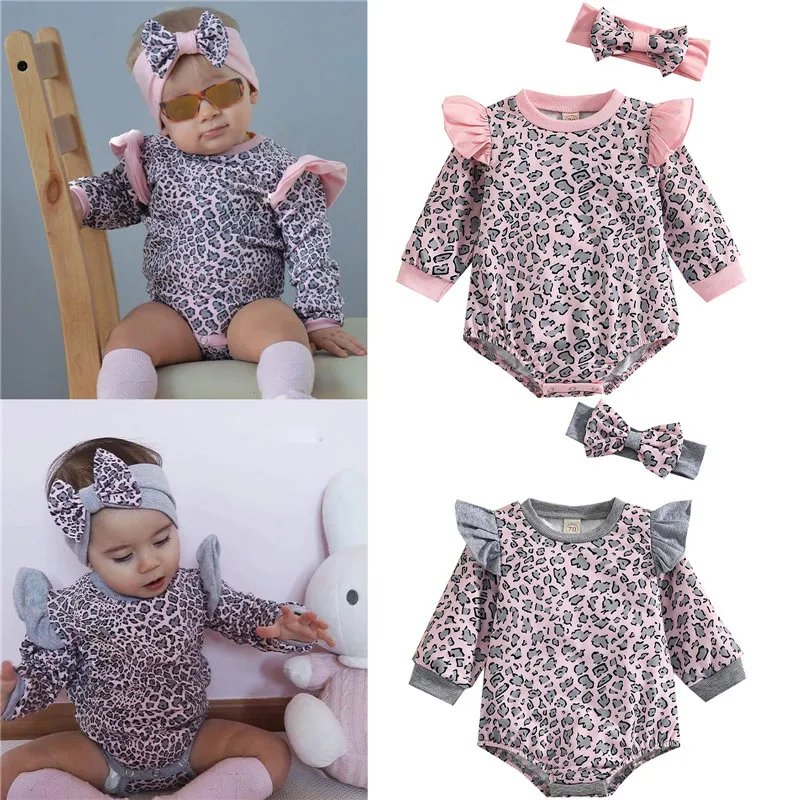 

Autumn Baby Girls Cotton Rompers Leopard Print Ruffles Long Sleeve Pullover Rompers Jumpsuits Headwear Casual Soft Clothes