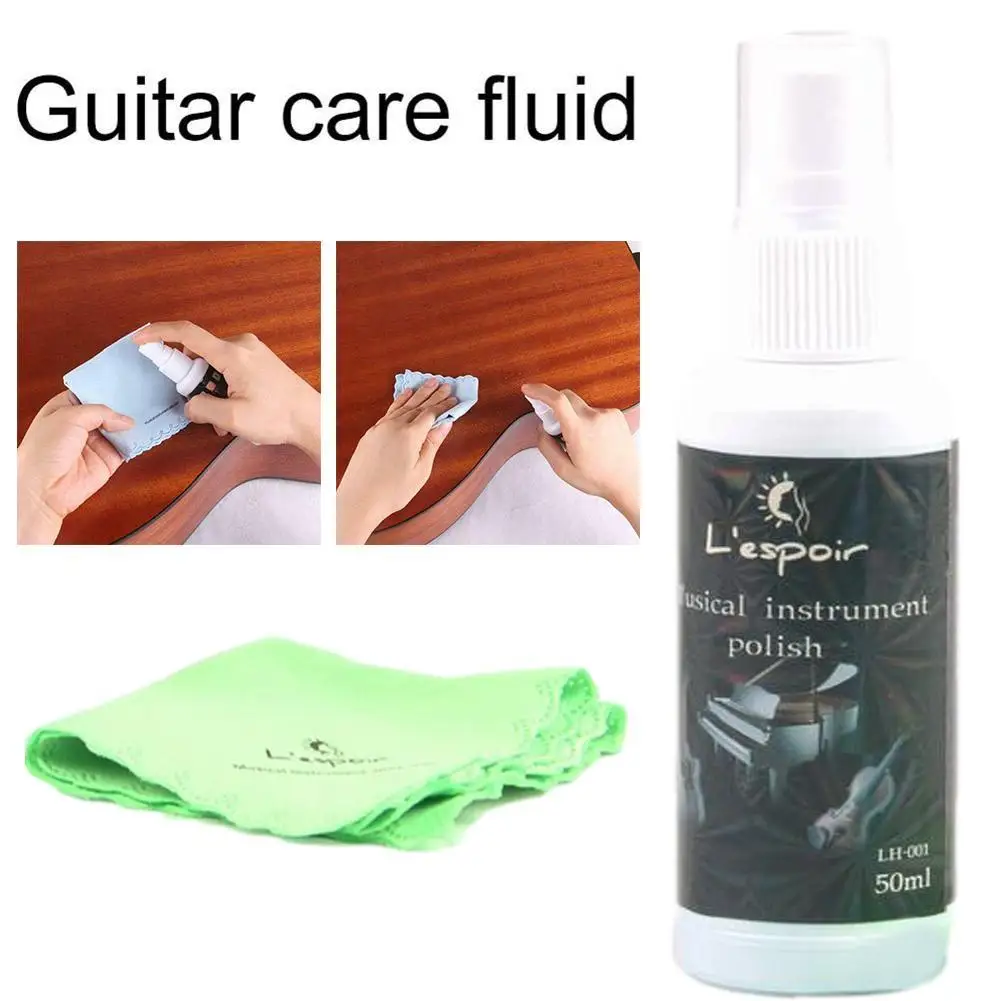 

50ml Guitar Bass Stringed Instrument String Maintenance Treated Spray Cleaner Cleaning Cloth with Polish W2N1