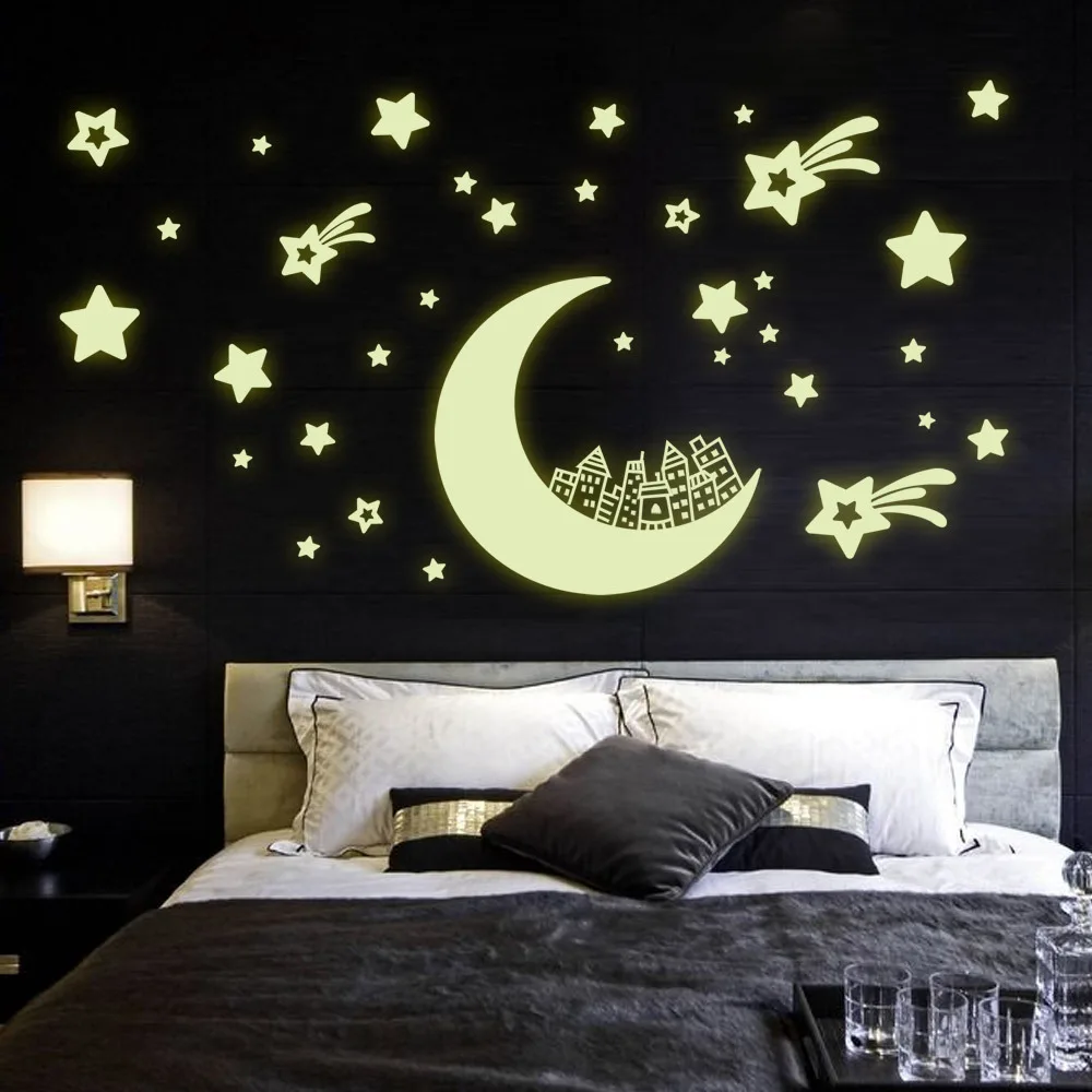 

Moon Star Fluorescence Noctilucent Night Glow In Dark Luminous Vinyl Removable Nursery Kids Child Bedroom Wall Stickers Decal