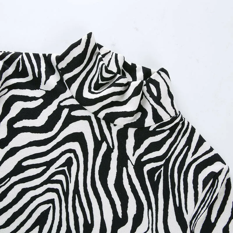 

hirigin Sexy Women Bodycon Long Sleeve Zebra Striped Dress Clubwear Print Turtleneck Slim Dress Evening Party Mini Pencil Dress