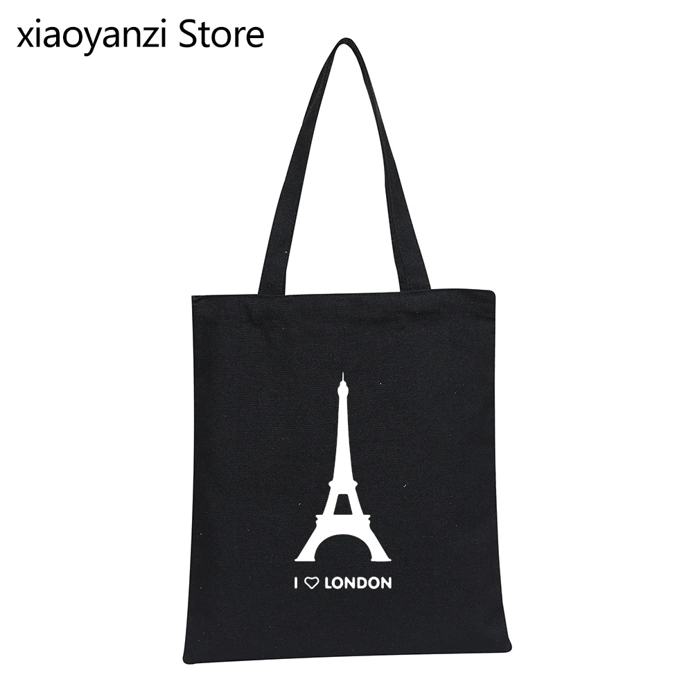 

I Love London Canvas Tote Bag Graphic Eco Friendly Bag Eiffel Tower Shoulder Bag Design Fashion Homme Hipster Shopping Bags