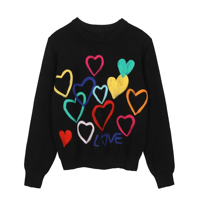 

Suéter con cuello redondo para mujer, ropa de punto con bordado de corazón de Color caramelo colorido, ajustado, combina con
