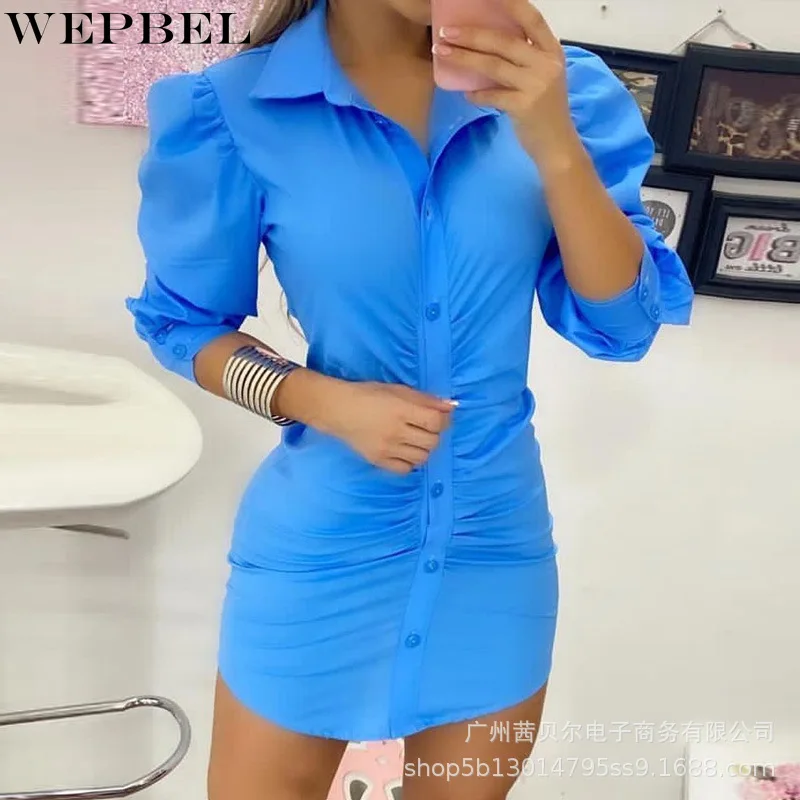 

WEPBEL Women's Casual Solid Color Long Sleeve Dress Spring Single-Breasted Slim Fit High Waist Turn-down Collar Shirt Dress