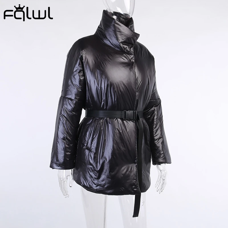 

FQLWL Winter Autumn Bubble Puffer Coats And Jackets Women 2020 Casual With Belt Warm Oversized Turtleneck Solid Thick Coat Woman