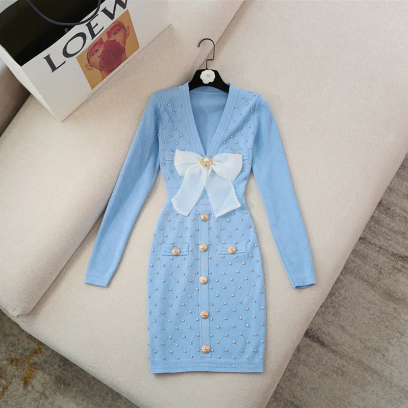 

Женское трикотажное платье-свитер, подиумное дизайнерское платье с длинным рукавом и глубоким V-образным вырезом, ажурное платье с бантом и ...