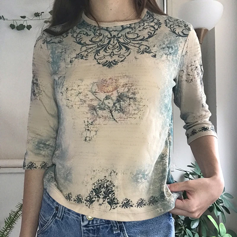 

Rockmore Fairycore Print Long Sleeve T Shirts Autumn Aesthetic O Neck Crop Tops Women Casual Graphics Tees Grunge Clothes