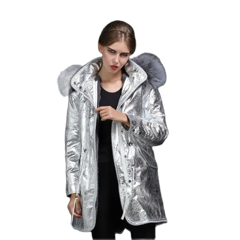 Женский Длинный тренчкот из серебристой кожи на двойной молнии Повседневная