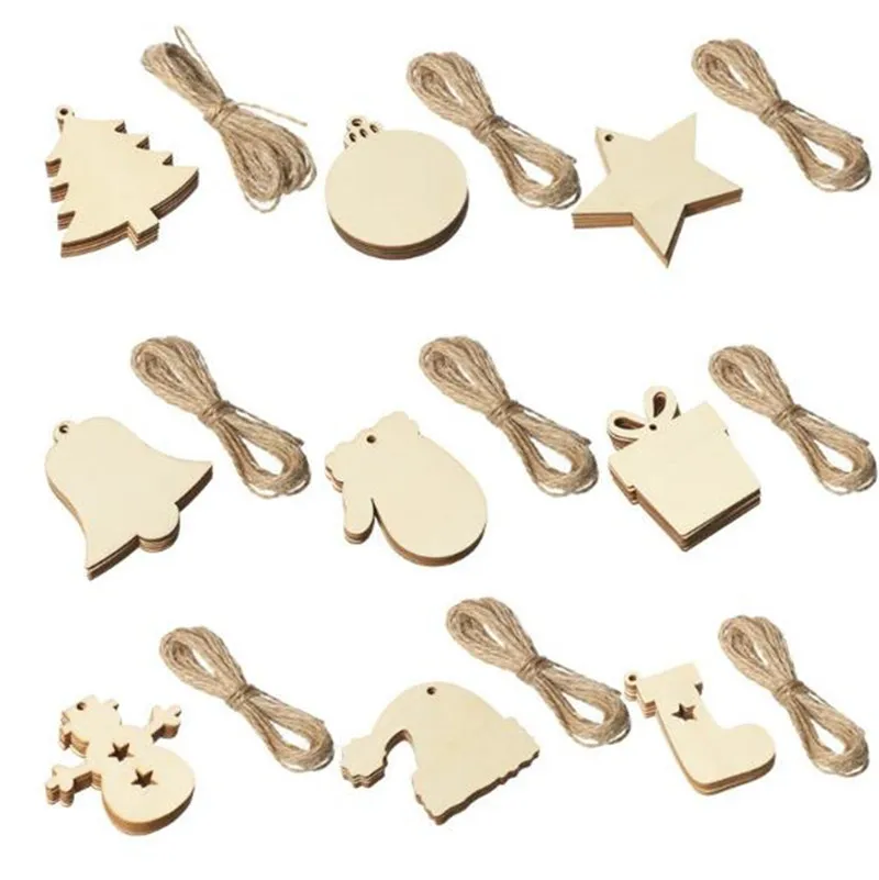 Julie Wang 10PCS Wood Christmas Charms Wooden Tree Star Bell Snowman Hat Boots Gloves Slices Xmas Decor Accessory Free Rope