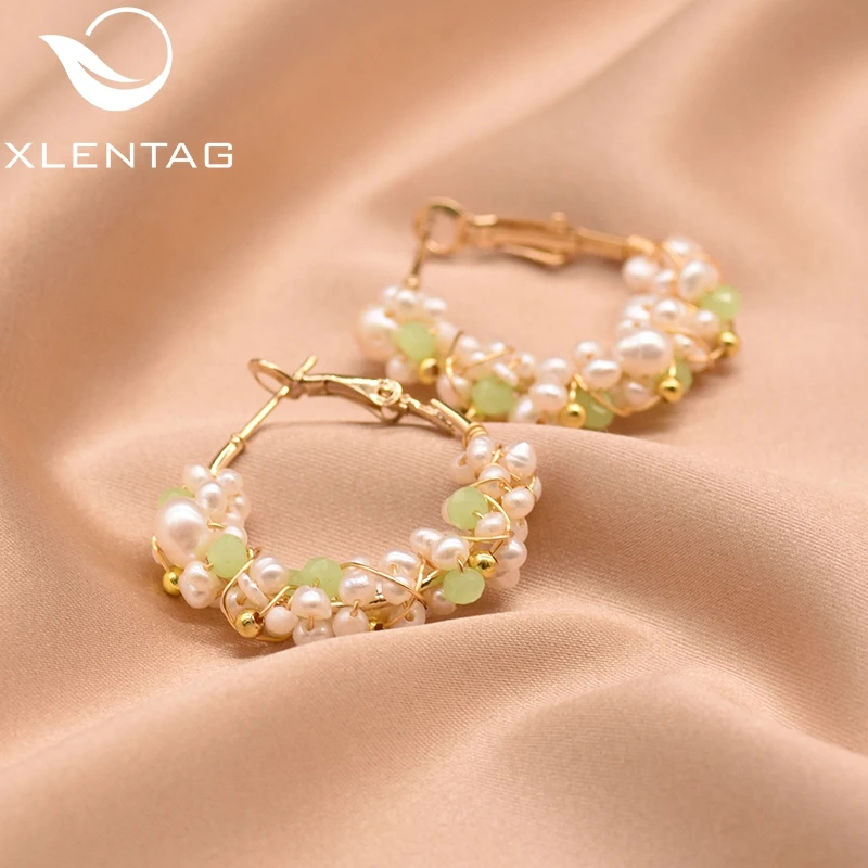 XlentAg натуральные белые маленькие жемчужные серьги-кольца с зеленым камнем для