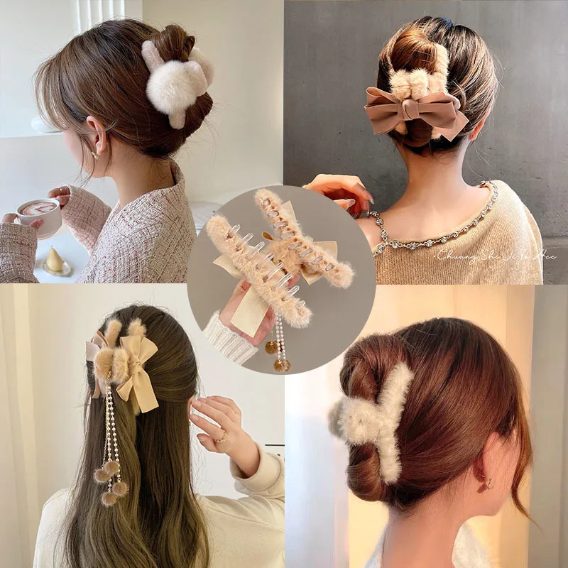 

Корейский бант плюшевая кисточка заколка для волос для женщин аксессуары для волос для девочек элегантная большая заколка для волос модные...