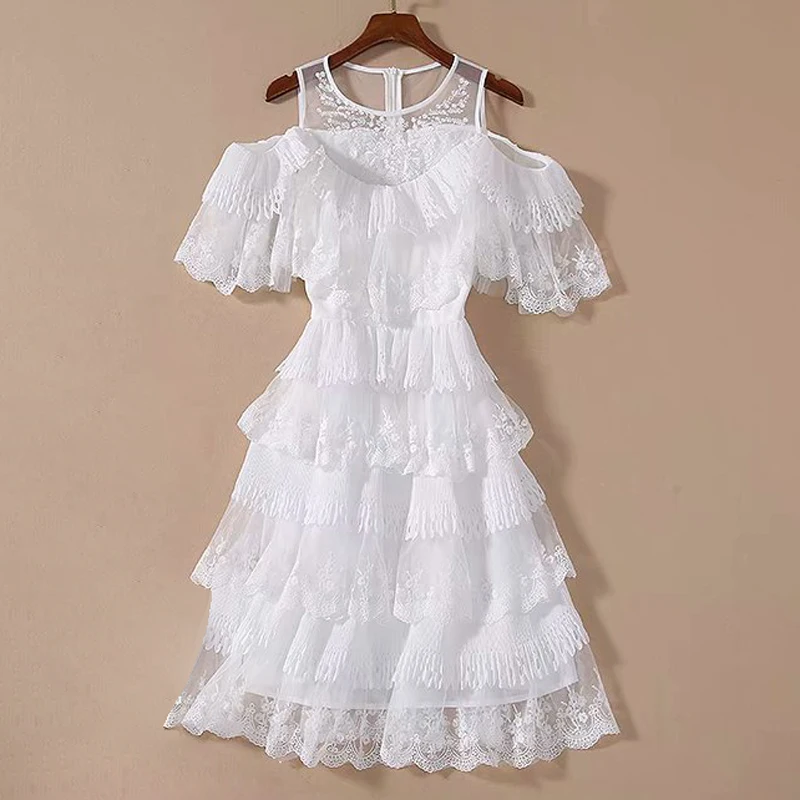 

Newest HIGH QUALITY Fashion 2021 Runway Dress Women's Butterfly Sleeve Cascading Ruffles Embroidery Gauze Dress