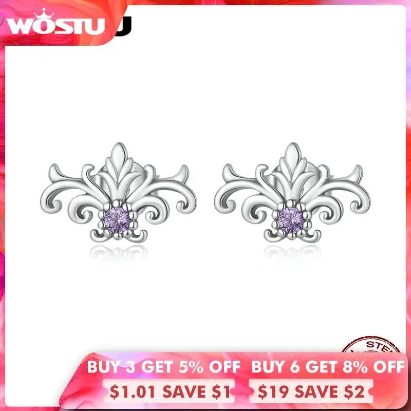 

WOSTU 925 Sterling Silver Vintage Pattern Purple Zircons Noble Elegant Stud Earrings For Women Fashion Party Jewelry Gift CTE578