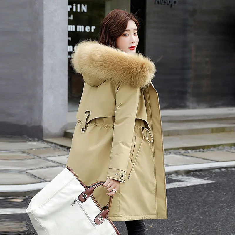 

Mid Long Slim Cotton Jacket Hooded Warm Outerwear Women 2020 Winter Thick Wool Liner Plus size Down Cotton Coat Female Parka D65