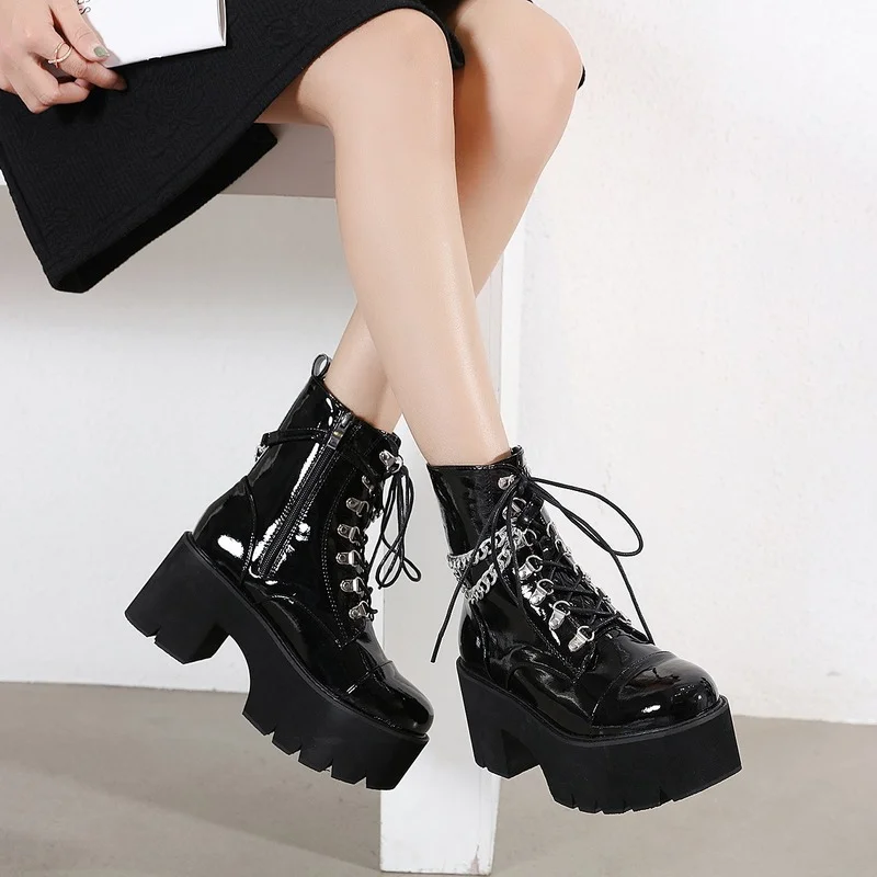 

Rivet Lace-up Boots Patent Leather Women High Heels New Chain Thick Heel Boots Women Punk Style Ankle Boots Side Zipper Boots