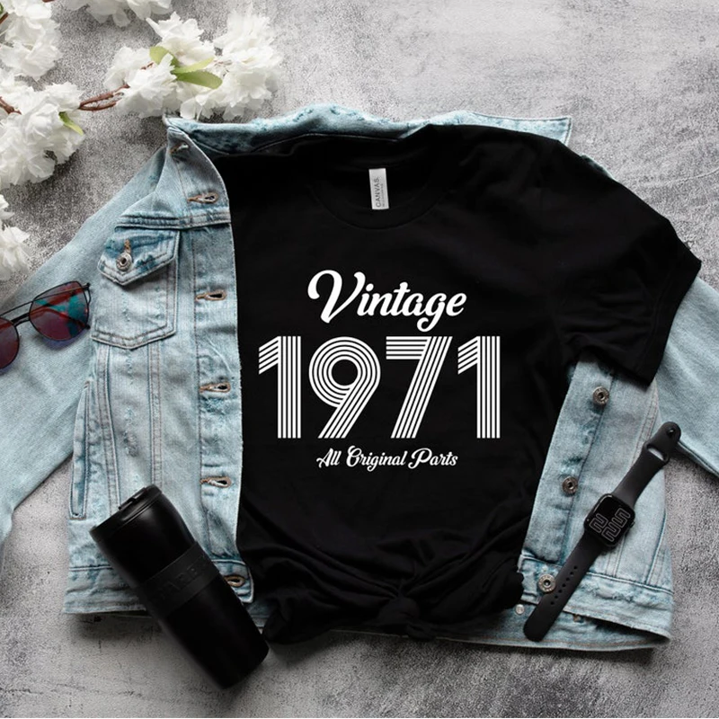 

Vintage 1971 All Original Parts Letters Printed Shirt Unisex Short Sleeve Cotton Tees Plus Size T shirts For 50th Birthday Gift