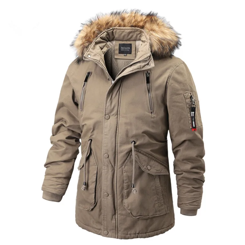 

Winter Men's Parka Long Business Casual Warm Thick Fur Collar Jacket Parkas Men Luxury Big Pockets Outwear Windproof Coat Men