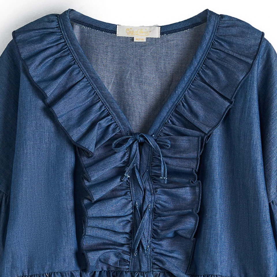 CupofSweet Ruffled Front Cropped Sleeves Denim Dress Shirt Girls Kids Clothing 2019 Fashion Long Casual Kid Girl Dresses | Детская