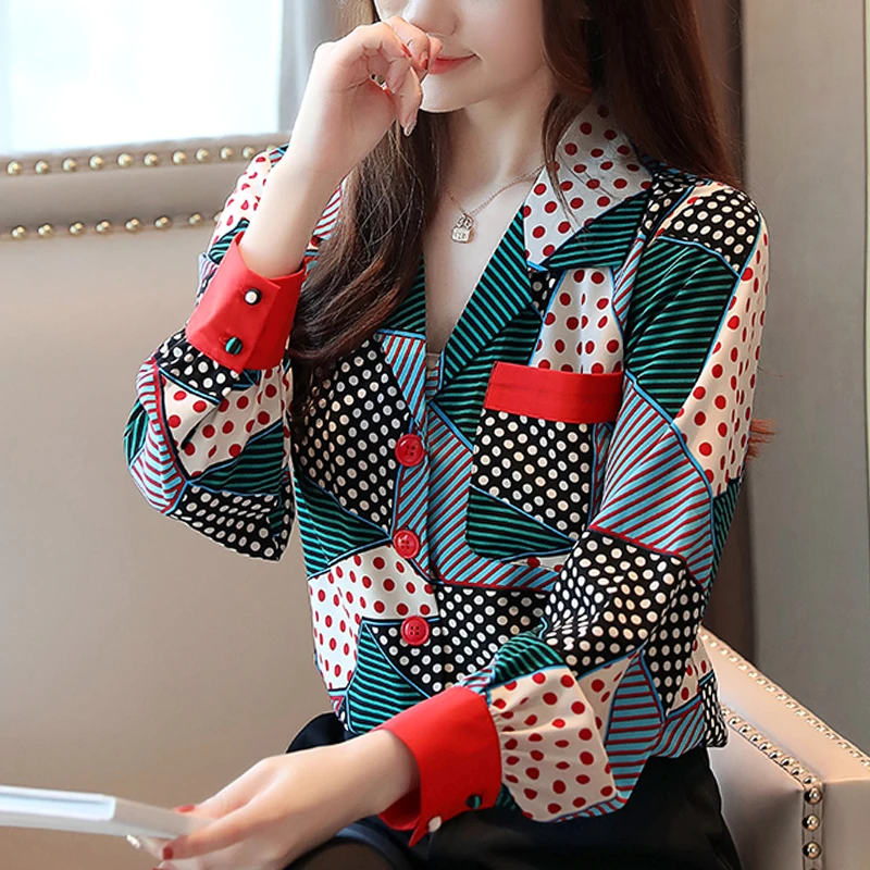 Blusas femininas рубашки женские Топы Рубашки с длинным рукавом Женские топы с пуговицами в полоску с v-образным вырезом одежда шифоновая блузка Топы 7087 50