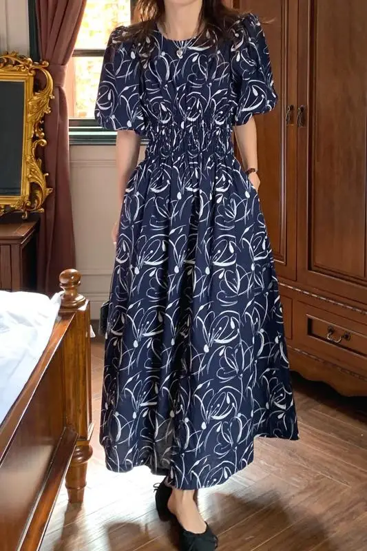

Summer Blue Floral Dress Short Sleeve O Neck Long New StyleTunic Dress