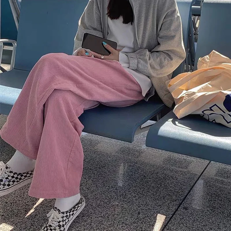 

New Pink corduroy pants women's spring and autumn loose straight pants women trousers high waist trousers wide leg pants tide